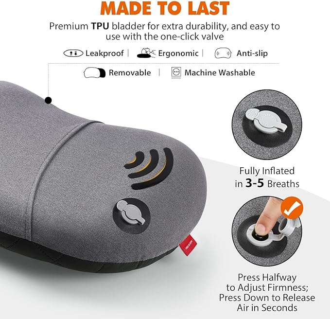 Hikenture Inflatable Pillow for Camping, Washable Backpacking Pillow for Sleeping, Ultralight Blow Up Pillows with Removable Cover, Portable&Compact Hiking Pillow for Beach, Travel, Outdoor(Grey)