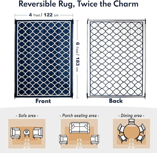 Waterproof Outdoor Rug 4x6 ft, Reversible Plastic Straw Rug, Easy to Clean Patio Rug, Portable Carpet for Patio, RV, Deck, Balcony, Backyard, Picnic, Beach, Clover, Navy Blue