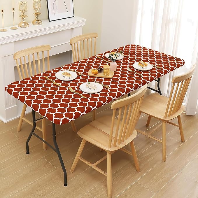 Smiry Rectangle Picnic Table Cover, Waterproof Elastic Fitted Camping Tablecloths for 6 Foot Tables, Wipeable Flannel Backed Vinyl Tablecloth Protector for Indoor, Outdoor (Rust, 30x72 Inches)