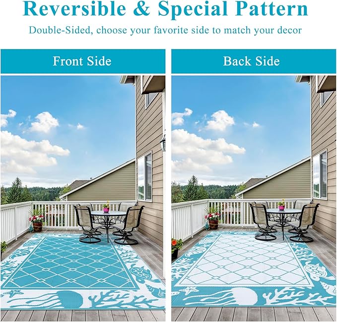 Vaukki Reversible Rugs, Plastic Straw Outdoor Doormat, Fade Resistant Plastic Outdoor Patio Mat, Lightweight Ocean Area Carpet for Patio, RV, Camping, Beach, Deck, Backyard and Picnic (Teal, 6'x9')