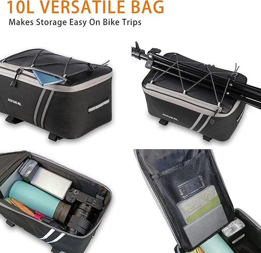 JXFUKAL Rear Bike Rack Bag with Rain Cover, 7L/9L/10L/12L Waterproof Bicycle Ebike Saddle Bag Cycling Pannier Trunk Carrier with Reflector & Adjustable Cord for Commuter Travel Outdoor