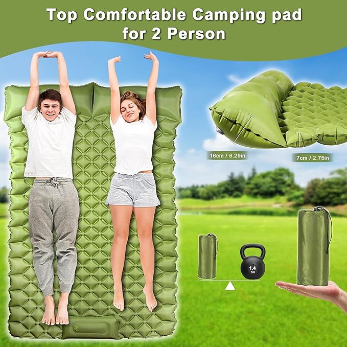 Double Camping Pads for Sleeping, Ultralight Floor Mattresses for Sleeping with Built-in Pillow Foot Pump, Mattress Foldable for Tent, Backpacking, Hiking, Car Traveling, Army Green