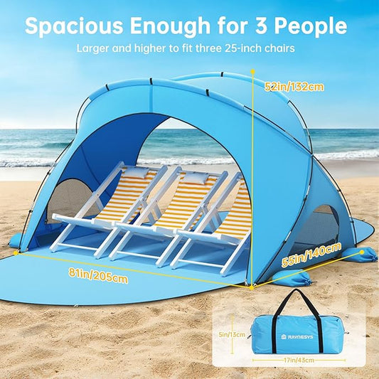 Beach Tent Sun Shelter, Beach Shade Tent with UPF50+ UV Protection, Beach Sun Shelter, Beach Shade with 2 Zippered Doors, Portable Beach Tent for Beach Camping Fishing