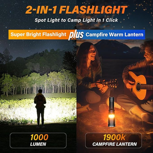Flashlights 1000 High Lumens with Camping Lanterns, Rechargeable Flashlight for Camping Essentials, Super Bright FlashLights, 8 Modes, Survival Kits for Outdoor Home Emergency Power Outages Hiking