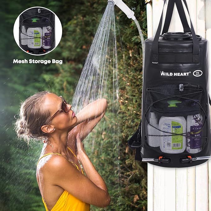 WILD HEART Camping Shower 22L/ 12L Portable Shower for Camping with Pressure Foot Pump and Hose - Solar Shower Bag Backpack for Camping, Road Trip & Outdoor Use