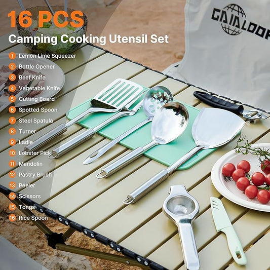 Camping Cooking Utensils Set Grilling Cookware Camp Kitchen Rotating Marshmallow Roasting Sticks BBQ Forks, Portable RV Camping Essentials Camper Must Haves for Cookouts Open Fire Pit