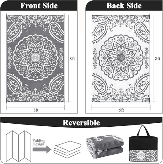 Pauwer Waterproof Outdoor Rug 5x8, Reversible Plastic Straw Patio Camping Rug, Indoor Outdoor RV Mat Carpet for Deck, Camper, Porch, Balcony, Backyard, Picnic, Boho Grey