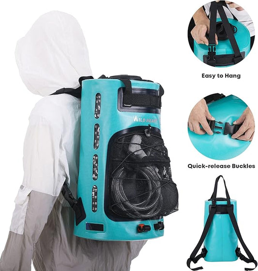 WILD HEART Camping Shower, 5.8 Gallons/22L Portable Camp Shower Bag with Upgraded Screw Lid, Water Level Window, Pressure Foot Pump, and Handy Nozzle, Solar Shower for Beach Camping Hiking Trip