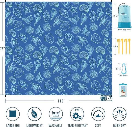 Beach Blanket Sandproof Waterproof 78''×110'' 1-7Adults Oversized,Compact Lightweight Durable Beach Mat for Travel Camping Hiking Picnic Blanket