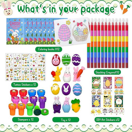72 Pcs Easter Party Favors Easter Egg Bunny Rabbit School Exchange Gifts Coloring Books Stacking Crayons Tattoo Puzzle DIY Sticker Stampers Class Reward Prizes for Spring Easter Party Supplies