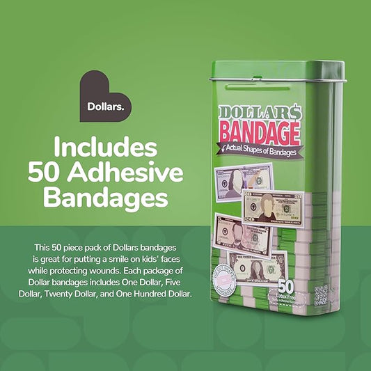 BioSwiss Bandages, Money Shaped Self Adhesive Bandage, Latex Free Sterile Wound Care, Fun First Aid Kit Supplies for Kids, 50 Count