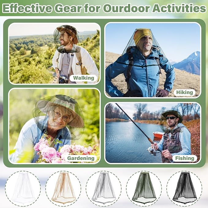 Benvo Mosquito Head Net Mesh One Piece Face Neck Fly Netting Cover from Bugs Gnats Noseeums Hat-Compatible Insect Shield for Fishing, Camping, Gardening (2pcs, Olive, Upgraded Big Net)