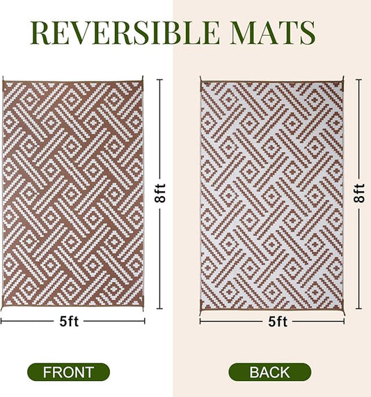 OPPODREAM Outdoor Rug 5x8 Ft, Waterproof Outdoor Plastic Straw Rug for Patio, Reversible Out Door Carpet for Camping, Deck, Rv, 5 x 8 Area Carpet for Balcony, Porch, Backyard, White and Brown