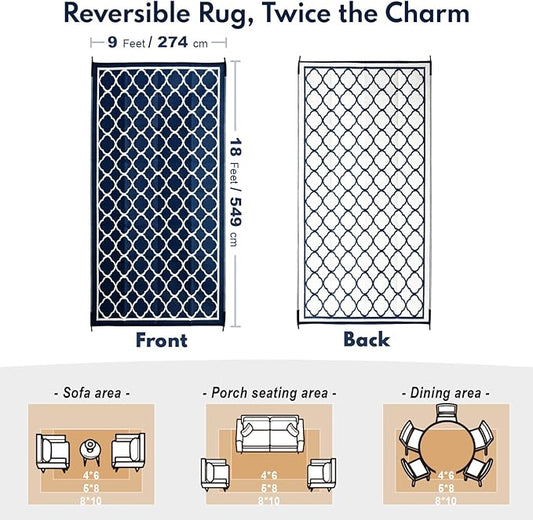 Waterproof Outdoor Rug 9x18 ft, Reversible Plastic Straw Rug, Easy to Clean Patio Rug, Portable Carpet for Patio, RV, Deck, Balcony, Backyard, Picnic, Beach, Clover, Navy Blue