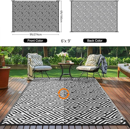Outdoor Patio Plastic Straw Rug - 6'x9' Outdoor Camping Rug Waterproof Reversible, Area Carpet Patios Clearance RV, Outside Porch Balcony Deck for Camper, Stripe Black & White