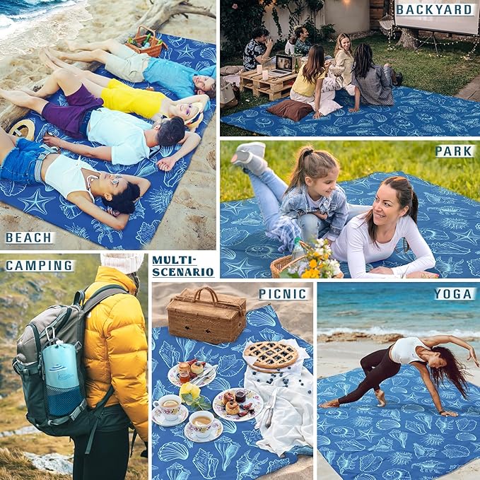Beach Blanket Sandproof Waterproof 78''ร81''1-5Adults Oversized,Compact Lightweight Durable Beach Mat for Travel Camping Hiking Picnic Blanket