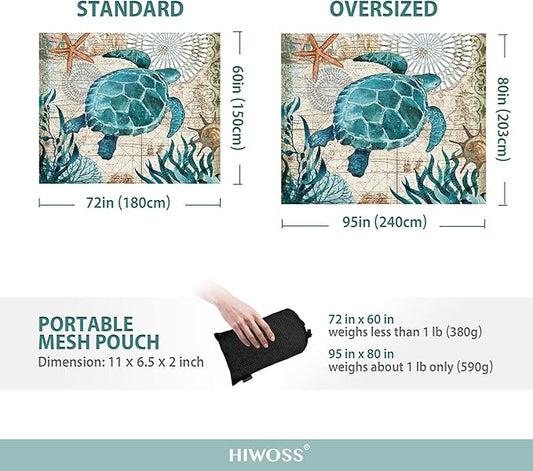 Beach Blanket Waterproof Sandproof Oversized 95”x 80”,Sand Free Beach Mat with Corner Pockets,Portable Mesh Bag for Beach Festival,Picnic,Travel and Outdoor Camping (Seaturtle)