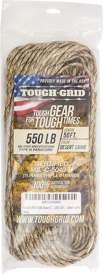 TOUGH-GRID Premium Desert Camo Paracord 550 lbs Made in USA Outdoor Survival Nylon Rope Tactical Heavy Duty Strands Parachute Cord Used by US Military Type III Mil-Spec