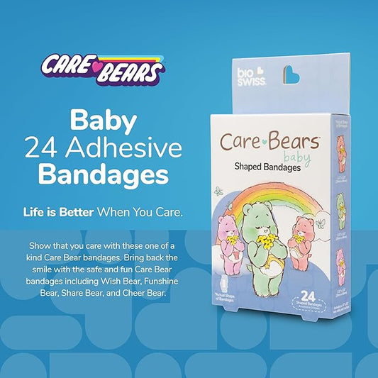 BioSwiss Care Bears Bandages, Baby Care Bear Shaped Self Adhesive Bandage, Latex Free Sterile Wound Care, Fun First Aid Kit Supplies for Kids, 24 Count