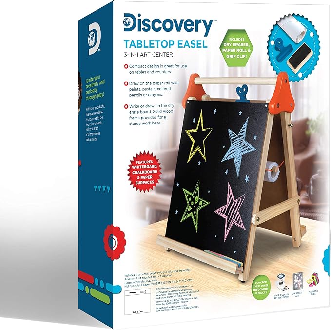Discovery Kids 3-in-1 Tabletop Dry Erase Chalkboard Painting Art Easel, Includes Paper Roll and Oversized Clip, 17 x 15 Inch Wood Frame, Perfect for Children 3+ | Foldable/Portable for Countertop Play