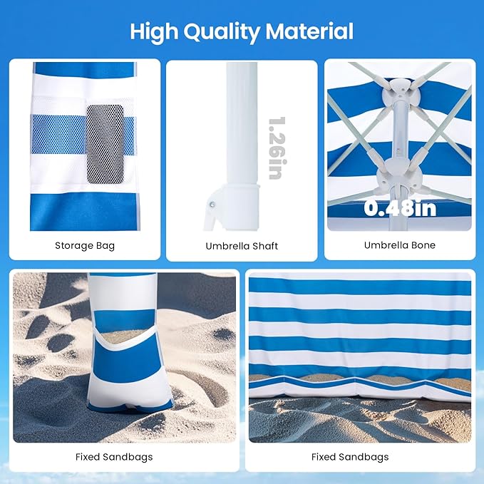 Grandekor 6'x6' UPF 50+ UV Protection Beach Cabana Canopy Portable Instant Setup with Sand Anchors Hanging Hooks Sidewalls Family Beach Outings Outdoor Shade Shelter Windproof Sand Pockets