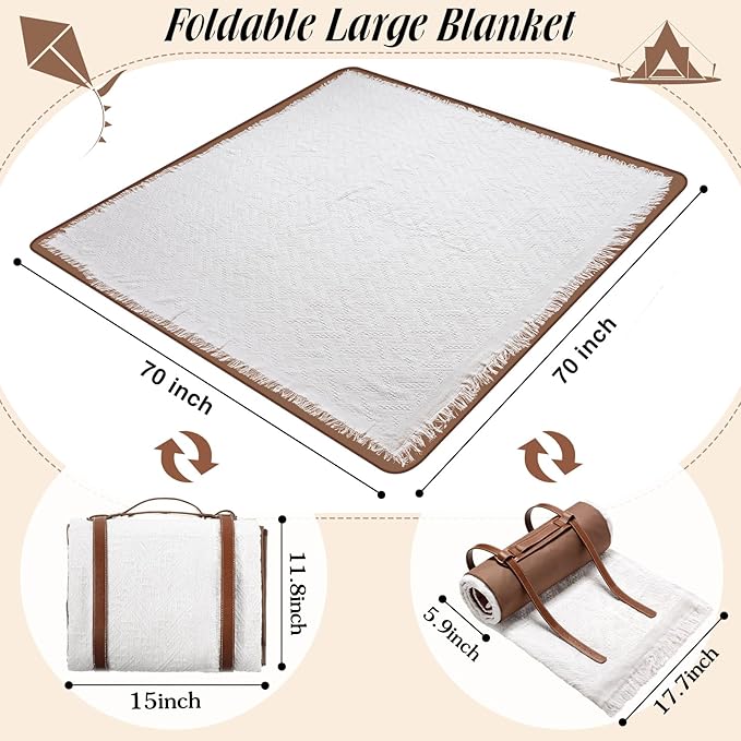 Waterproof Picnic Blankets Outdoor Blanket Foldable 2 in 1 Double Layer Sandproof Beach Mat with Carry Strap for Camping Lawn Park Beach Grass(White,71 x 71 Inches)