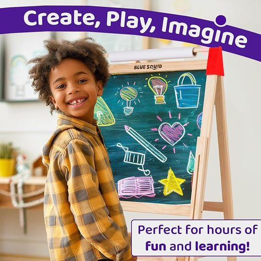 Blue Squid Art Easel for Kids - Dual-Sided Adjustable Wooden Painting Easels, Ideal Christmas Gift for Toddlers and Kid - with Magnetic Chalk Board, White Board & Paper Roll, Includes Accessories
