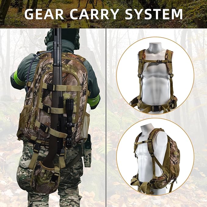 AUMTISC 40L Hunting Bag Backpack with Rifle Holder for Men, Waterproof Camo Hunting Day Back Pack with Rain Cover for Gun Bow