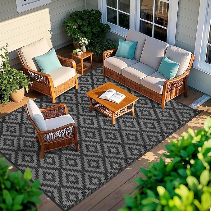 Outdoor Patio Plastic Straw Rug - 4'x6' Outdoor Camping Rug Waterproof Reversible, Area Carpet Patios Clearance RV, Outside Porch Balcony Deck for Camper, Black & Grey