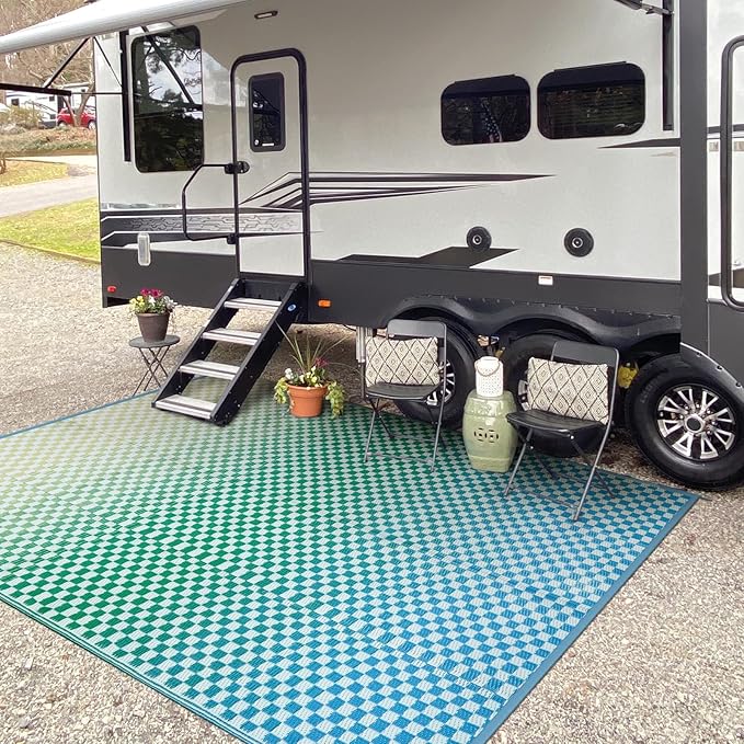 Wonnitar 8x10 Waterproof Outdoor Rugs - Blue Yellow Ombre Checkered Patios Rug, Large Reversible Plastic Straw Mat for Camping RV Balcony, Portable Colorful Outdoor Deck Rug