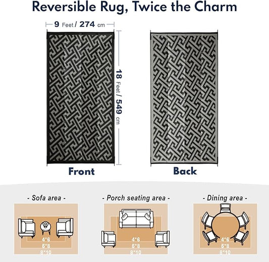 Waterproof Outdoor Rug 9x18 ft, Reversible Plastic Straw Rug, Easy to Clean Patio Rug, Portable Carpet for Patio, RV, Deck, Balcony, Backyard, Picnic, Beach, I-Shaped, Black