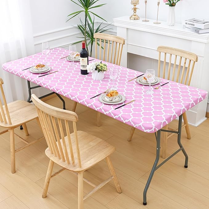 Smiry Rectangle Picnic Table Cover, Waterproof Elastic Fitted Camping Tablecloths for 5 Foot Tables, Wipeable Flannel Backed Vinyl Tablecloth Protector for Indoor, Outdoor (Pink, 30x60 Inches)