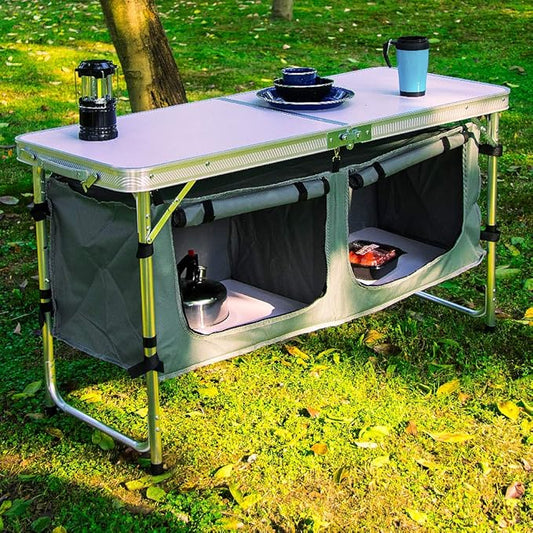 CampLand Outdoor Folding Table Aluminum Lightweight Height Adjustable with Storage Organizer for BBQ, Party, Camping