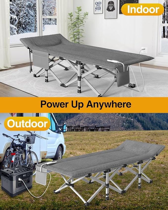 ZENPETIO Heated Camping Cot for Adults, Durable Foldable Cot Bed with Pad & Carry Bag, Portable Sleeping Cot for Camping Home Guest Stay, Direct Plug-in Design for Reliable Heating, Gray