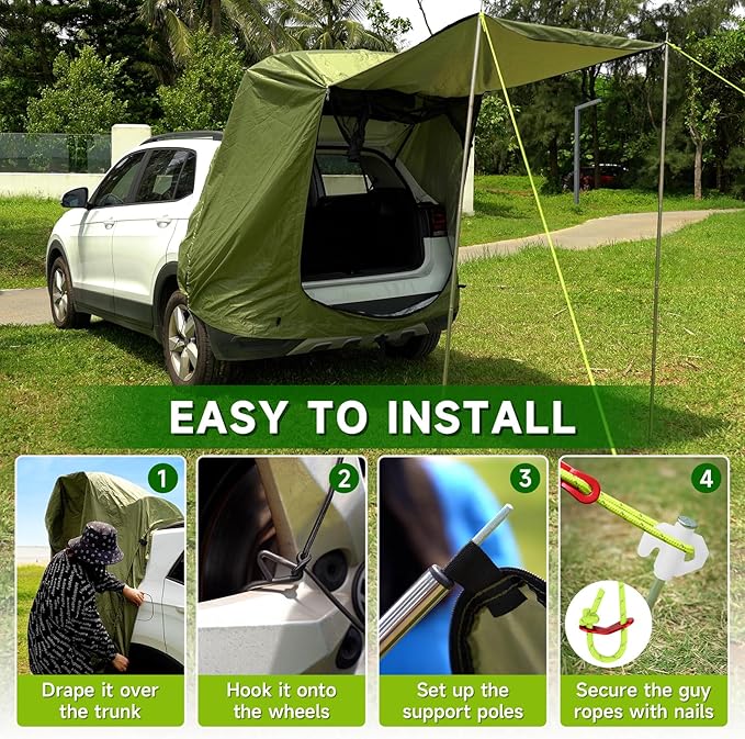 SUV Tailgate Tent,KOMCLUB Car Camping Tent with Awning Shade Waterproof Roof Canopy Green Hatchback Car Tent for Outdoor Travel Preferred,Universal Fit Most SUV,Tarp Poles+Tent Stakes+Reflective Ropes