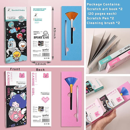 40 Card Rainbow Sparkle Scratch Painting Note, Hand-Eye Coordination Art&Crafts, Mini Magic Scratch DIY Graffiti Creative Bookmarks Gift for Kids&Adults, 8.5''x3.2'' (Canine Girl/Duckbill Baby Space)