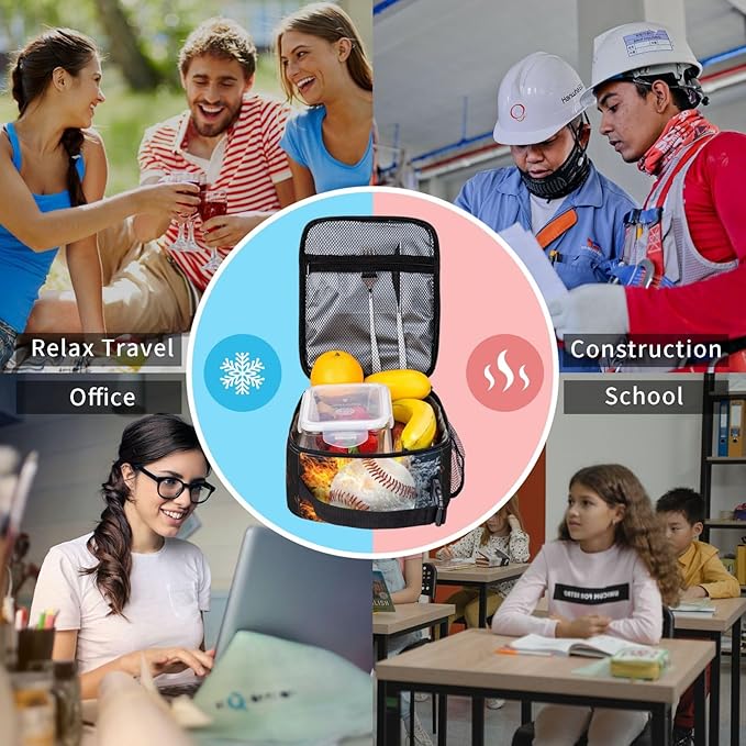 White Baseball Stitches Lunch Box,Cool Fire Water Sport Lunch Bag Sport Insulated for Men Women, Portable Kids Lunch Bag Reusable Baseball Cooler lunchbox for School Work Travel