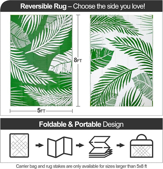 Waterproof Outdoor Rug 5x8ft, Green Leaf Reversible Plastic Straw Mat for Patio RV Deck Porch Backyard Balcony Camping Picnic Beach Indoor Outdoor Carpet, Green&White
