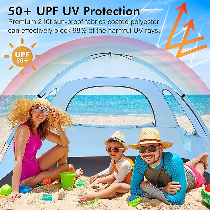 WhiteFang Beach Tent Anti-UV Portable Sun Shade Shelter for 3/4/6/8 Person, Extendable Floor with 3 Ventilating Mesh Windows Plus Carrying Bag, Stakes and Guy Lines