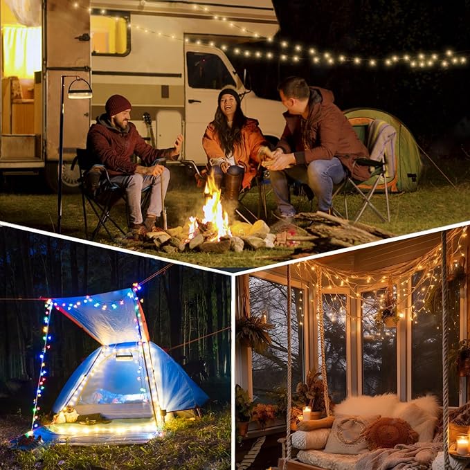 Solar Camping String Lights, 4 in 1 Camping String Lights Outdoor(39.4ft) with 8 Lighting Modes, Solar Powered and USB Rechargeable Light with Remote Control for Camping, Yard and Hiking