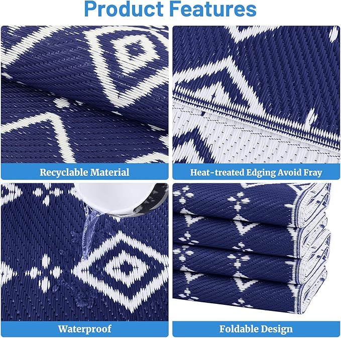 StepRite 6’ x 9’ Reversible Outdoor Rug, Waterproof Plastic Straw Rug, Patio Rug, Large Modern Area Rug Carpet, Indoor Outdoor Rugs for Camping, Porch, Deck, Balcony, Backyard, RV, Picnic(Blue)