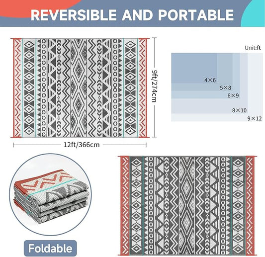 Outdoor Rugs Patio Camping Waterproof - 9x12 Plastic Straw Patio Rug Portable for Campers, Outside RVs Mat, Outdoor Area Carpet for Patios Clearance, Backyard Porch, Balcony, Picnic