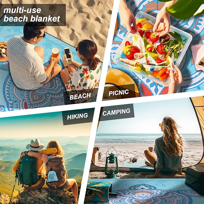 Beach Blanket Waterproof Sandproof, 79" x 83" Extra Large Sand Free Quick Drying Beach Mat, Compact Outdoor Picnic Mat for Travel, Hiking, Camping (Blue Sea Turtle)