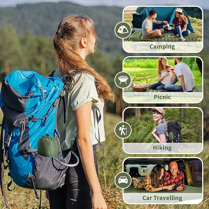 Sleeping Pad for Camping - 4” Thick Inflatable Camping Mattress with Built-in Pump & Pillow, Ultralight Self Inflating Air Mattress, Backpacking Sleeping Mat for Hiking, Olive Green