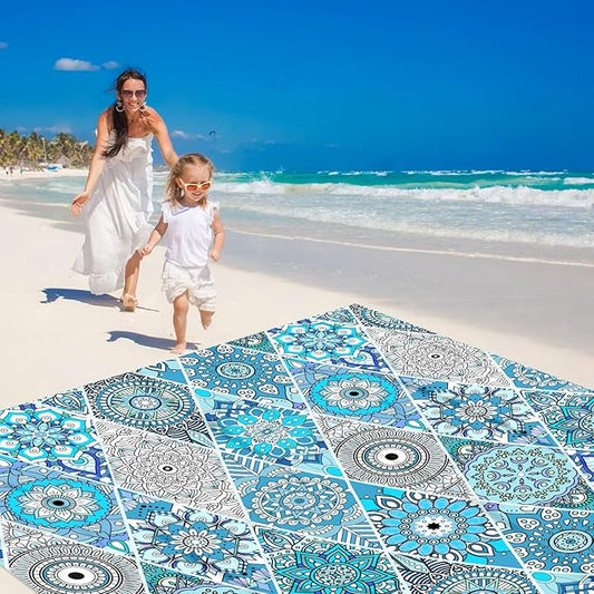 Teal Mandala Beach Blanket Waterproof Sandproof, Large Beach Mat Sand Free for 2-4 Adults, Lightweight Outdoor Picnic Blanket for Travel, Camping, Hiking, Essentials Accessories for Vacation