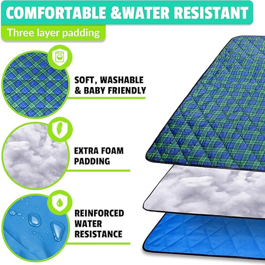 Beach Blanket Sand Proof & Outdoor Picnic Blanket - Water Resistant, Large Mat for Camping or Travel. Washable, Foldable, Easy Carry Compact Tote Bag (Green/Blue Plaid)