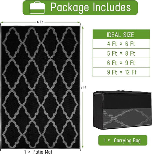 Easy-Going Reversible Outdoor Rugs 6x9ft Waterproof Plastic Straw Rug Stain & UV Resistant Floor Mat for Patio Porch RV Backyard Pool Deck Picnic Beach Trailer Camping (Moroccan Black & Grey)