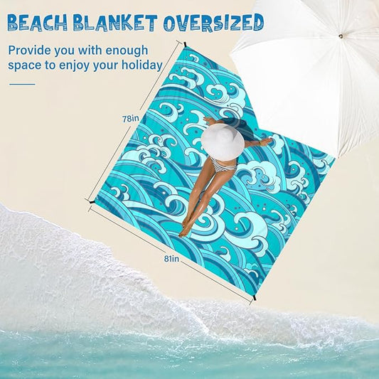 Beach Blanket Waterproof Sandproof 1-7 Adult Oversized 78 '' × 81 '' Lightweight Durable Compact Sand Free Beach Mat for Travel Camping Hiking Picnic Blanket Extra Large