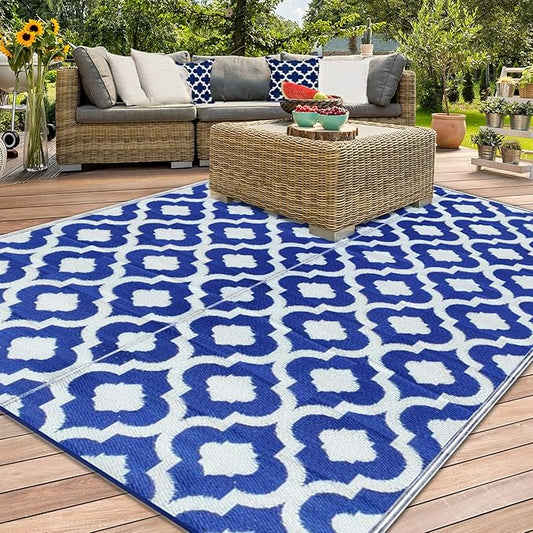 BalajeesUSA Outdoor Rug - 2 PK 5x7 Blue, Reversible Recycled Plastic Straw Outdoor Patio Rugs Clearance Waterproof Large RV Camper Mats 491