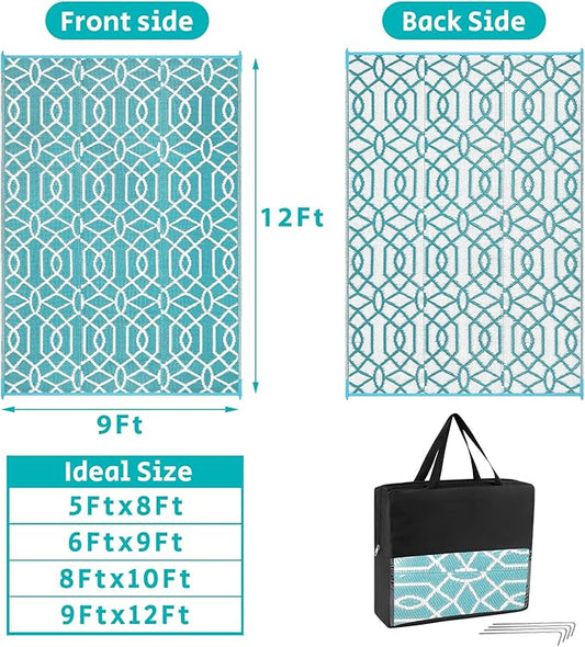 HEBE Outdoor Rug 9'x12' for Patios Waterproof Clearance Reversible Patio Mat Plastic Straw Rug RV Camping Mat Outside Area Rug Carpet for Camping RV,Porch,Deck,Balcony,Camper,Backyard